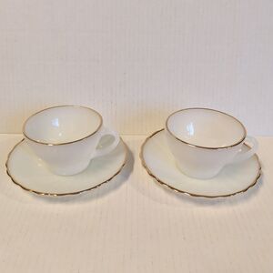 Anchor Hocking Suburbia Milk Glass Teacup And Saucer Gold Rim Vintage Set 2